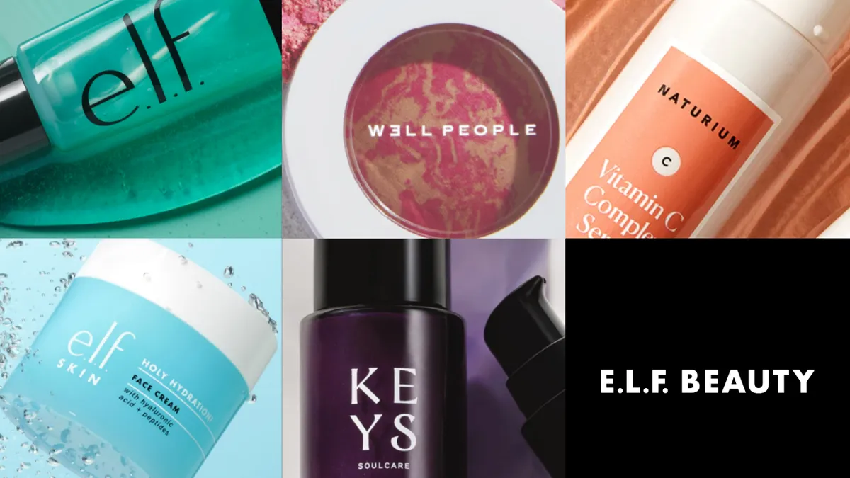 A collage of six photos featuring E.l.f. Beauty's company porfolio of brands