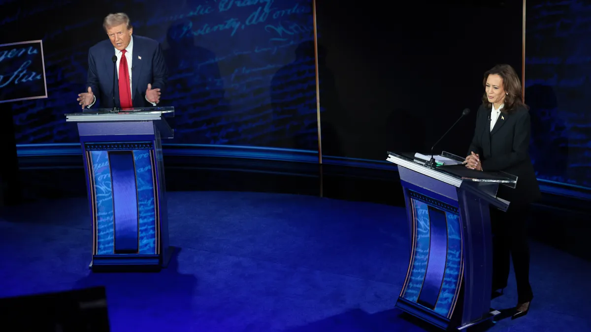 Former President Donald Trump stands in front of a podium on the left side of the screen while Vice President Kamala Harris stands in front of a podium to the right.