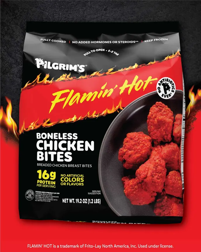 A bag of Pilgrim's Flamin' Hot chicken bites