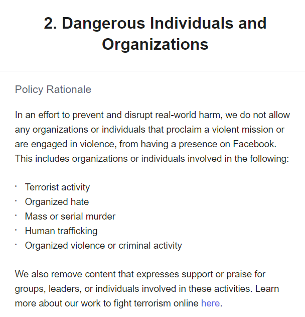 Facebook Dangerous Individuals and Organizations policy