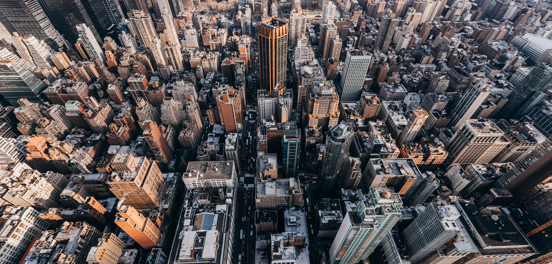 Aerial shot of buildings in dense urban setting