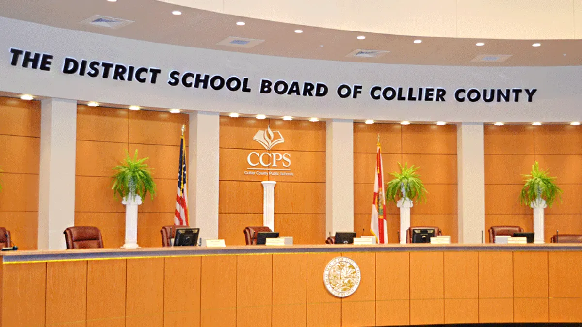 The interior of Collier County School District's school board meeting room