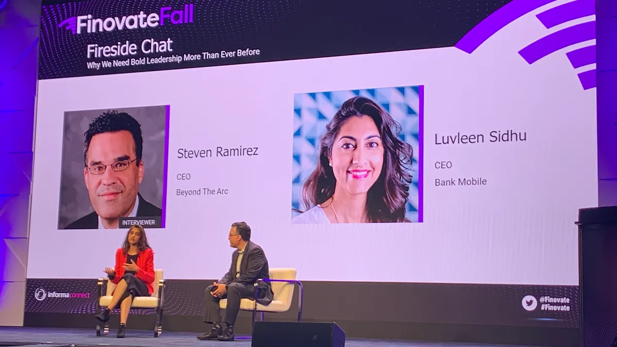 BM Technologies CEO Luvleen Sidhu speaks during a fireside chat at FinovateFall in New York City on Sept. 14, 2021.