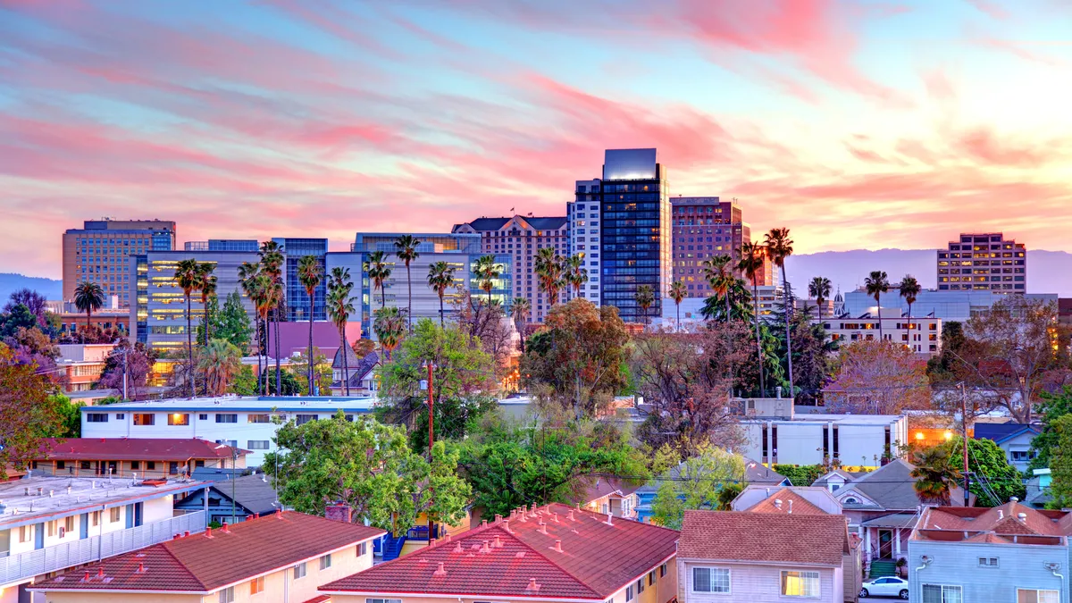 California skyline with buildings, palm trees and mountains