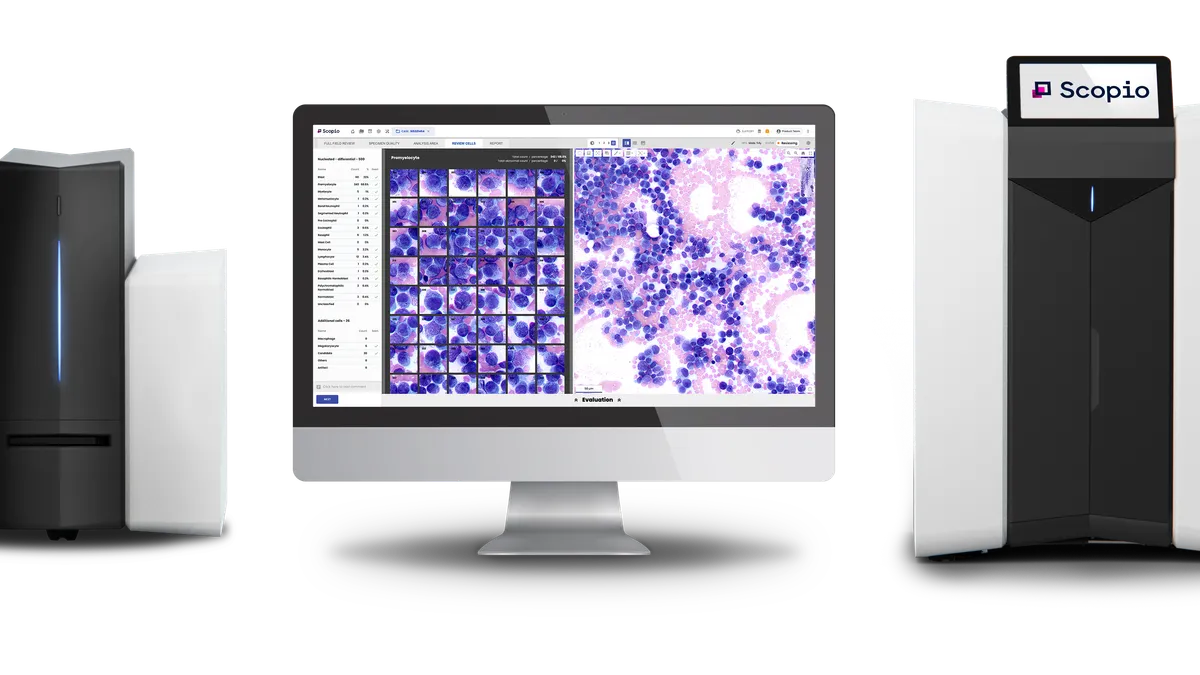 A picture of a computer screen with Scopio Labs' bone marrow analysis software on it.