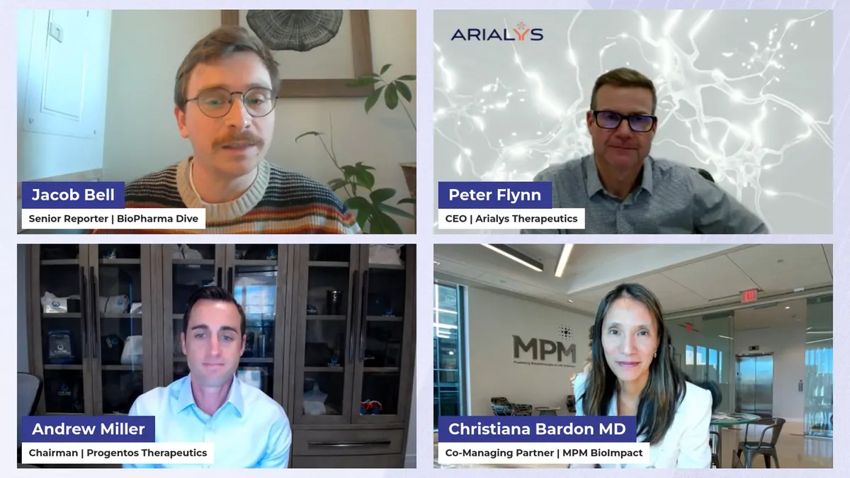 A screenshot of four people speaking on a virtual event panel.