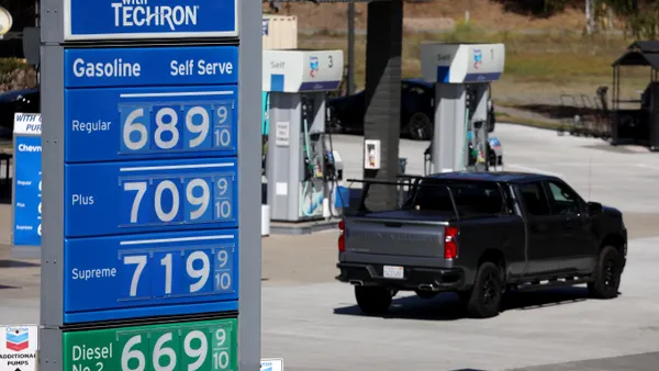 A sign shows elevated gas prices in California.