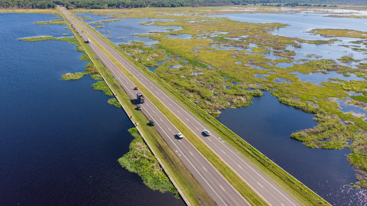 An aerial view of a highway over Paynes Prairie in Gainesville, Florida.