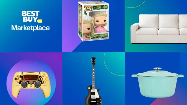 Collage with Best Buy Marketplace logo, a couch, Dutch oven, electric guitar, gaming controller and Funko toy