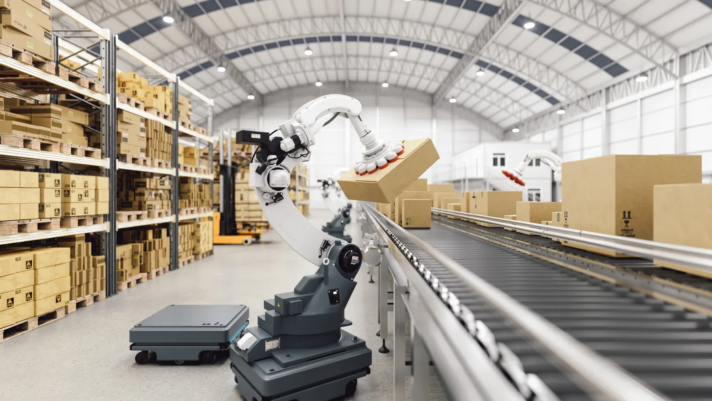 Automated robot carries box in warehouse