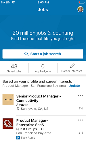 New LinkedIn Jobs screen