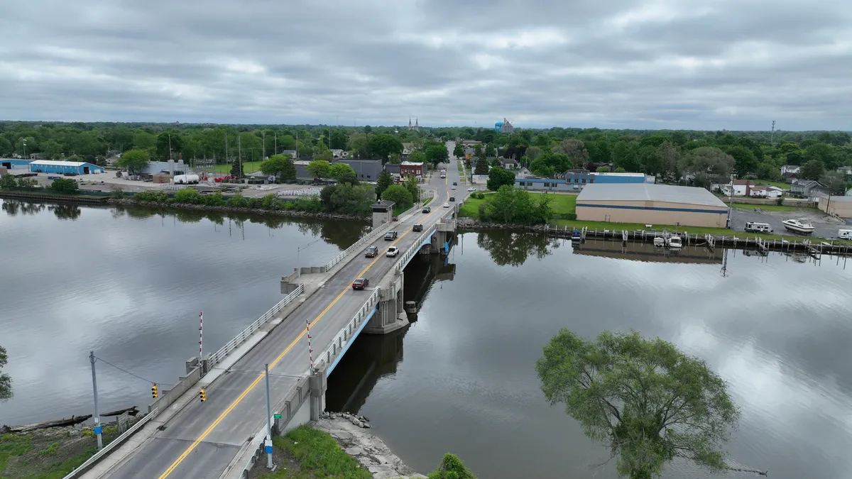 An aerial shot shows an overview of the Lafayette Bascule Bridge spanning the Saginaw River in Bay City, Michigan.