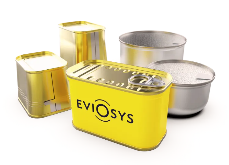 An array of metal tins with peel-back metal lids.