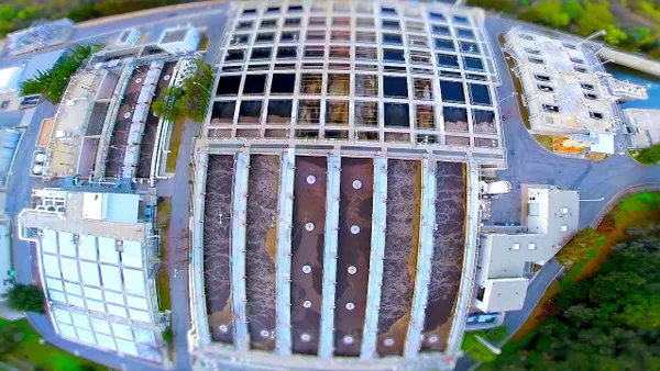 Aerial view of several different water tanks