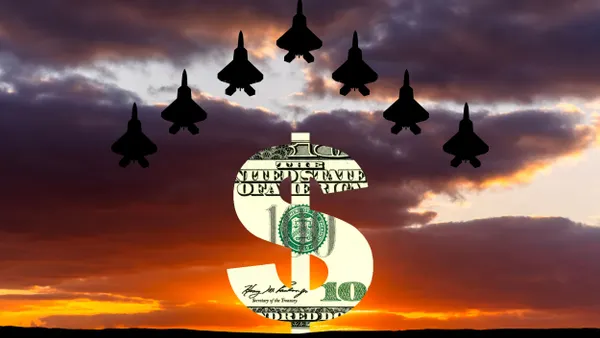 Seven silhouettes of fighter jets flying upward in a pyramid position above a dollar sign, with the sun setting in the background.