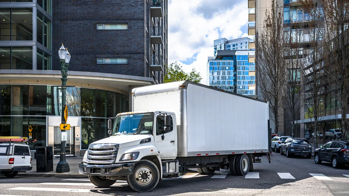 box trailer on city street