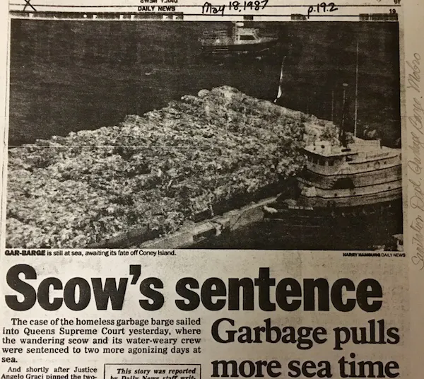 An article with the headline "Scow's sentence," and a photo of a garbage barge, as seen in 1987