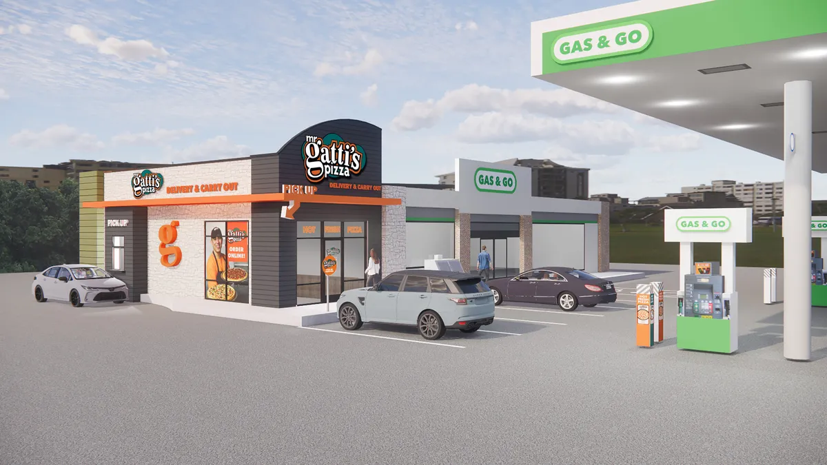 A rendering of a Mr. Gatti's pizza franchise with a c-store.