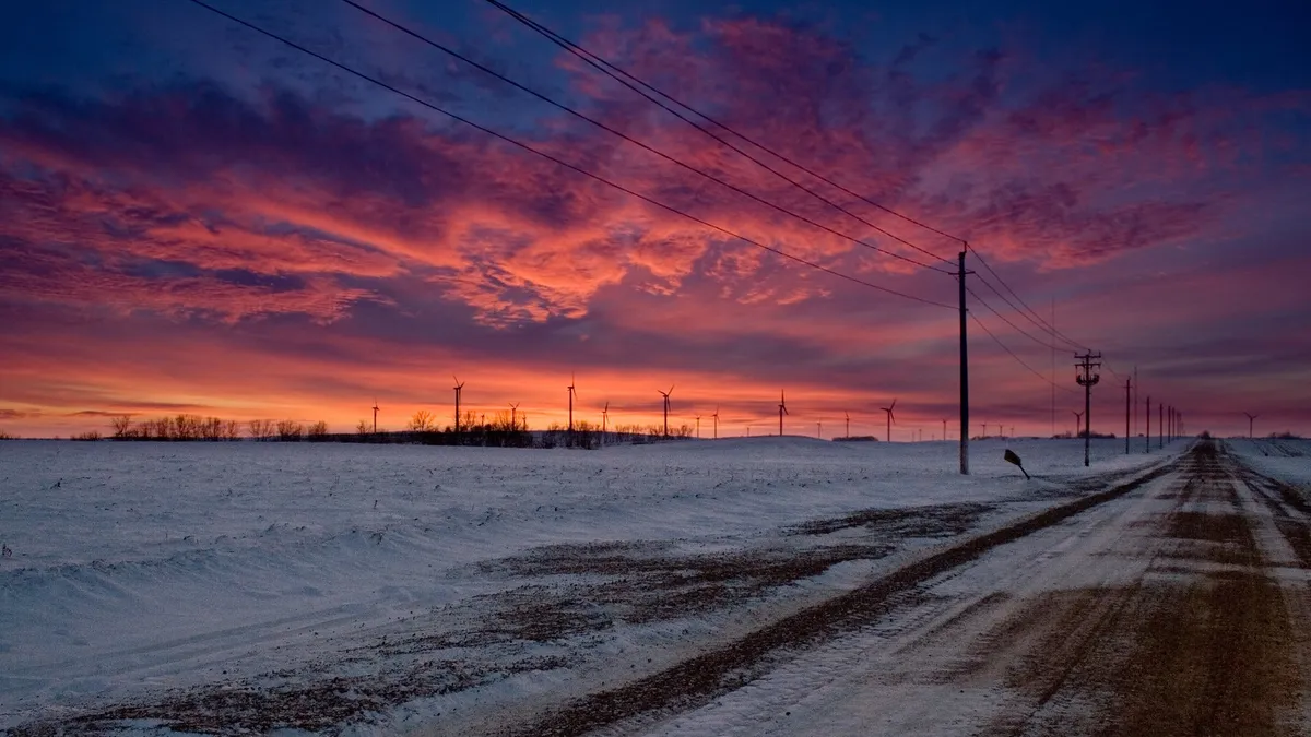 A sunset behind a wind farm at Buffalo Ridge, near Lake Benton, Minnesota.