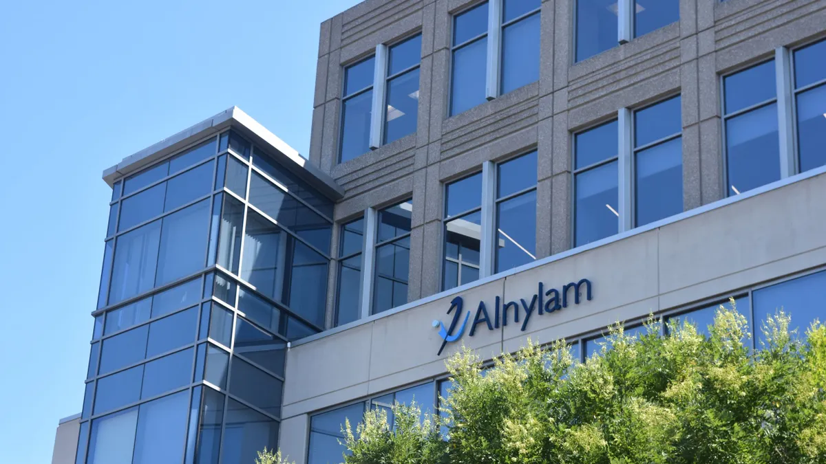 An Alnylam logo is displayed on a building in Cambridge, Massachusetts, on Sept. 5, 2024.