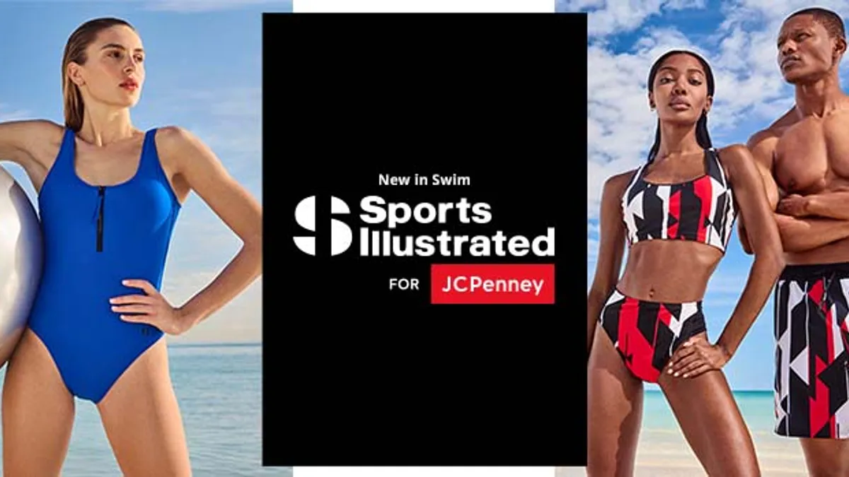 To the right of a banner reading "Sports Illustrated for JC Penney" is a person in a blue swimsuit at a beach. To the left are two people in swimsuits at a beach against a blue sky with fluffy white c