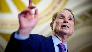 Sen. Ron Wyden speaks to reporters following a regular Democratic policy luncheon on April 8, 2025. Wyden is holding up the nomination of Sean Plankey to become director of CISA.