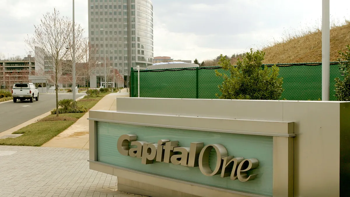 The Capital One logo in front of the financial company's offices.