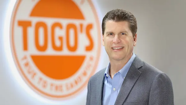 An image of a person in a coat in front of an orange background with the Togo's logo.
