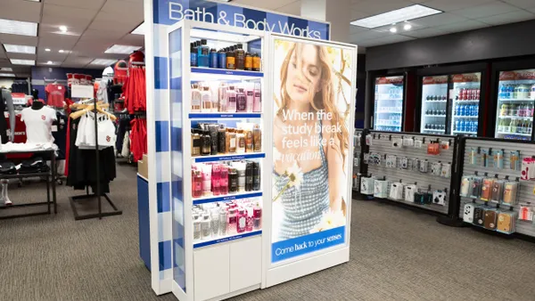 A Bath & Body Works display of body products in a college book store