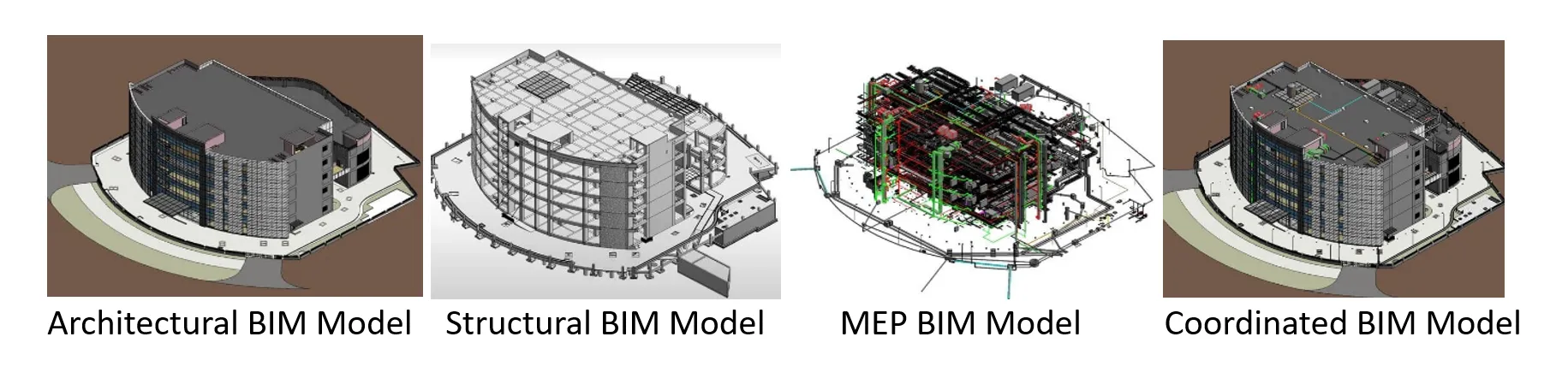 A row of images comparing different BIM models.