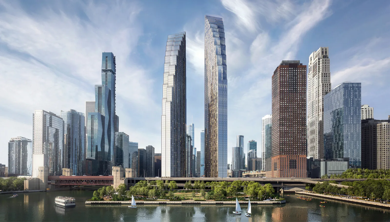 Rendering of silver high-rise buildings surrounded by other high rises with a blue sky in the background