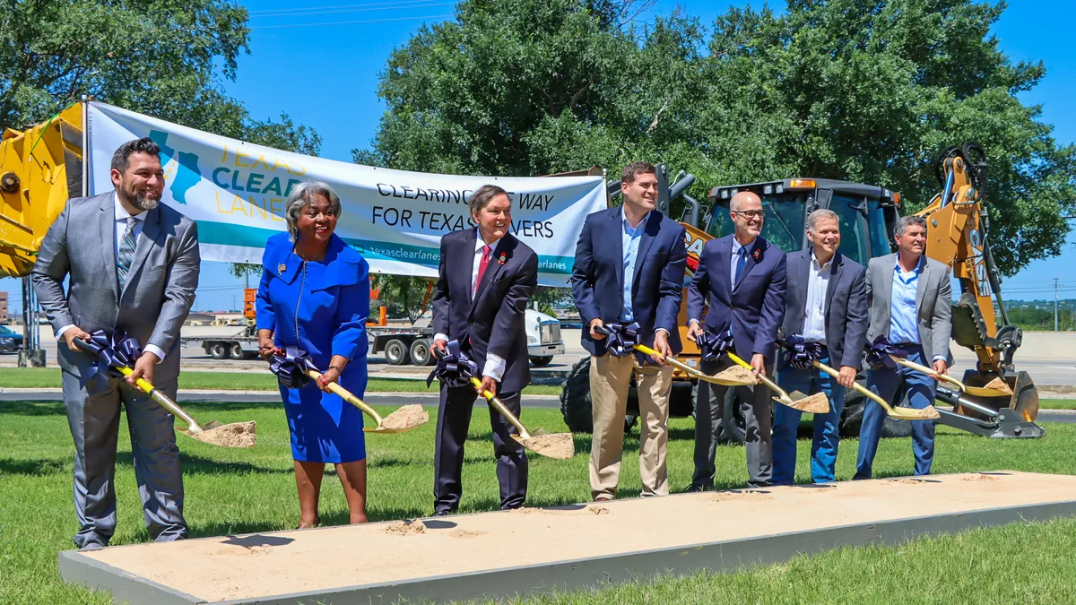 (From left to right): Charles Benavidez, TxDOT San Antonio District Engineer; Barbara Gervin-Hawkins, State Representative for Texas House District 120; J. Bruce Bugg, Jr., Chairman of the Texas Transportation Commission; Grant Moody, Bexar County Commissioner Precinct 3; Marc D. Williams, TxDOT Exec Director; Shawn West, President, Fluor Infrastructure; Pike Riegert, Project Manager, Lone Star