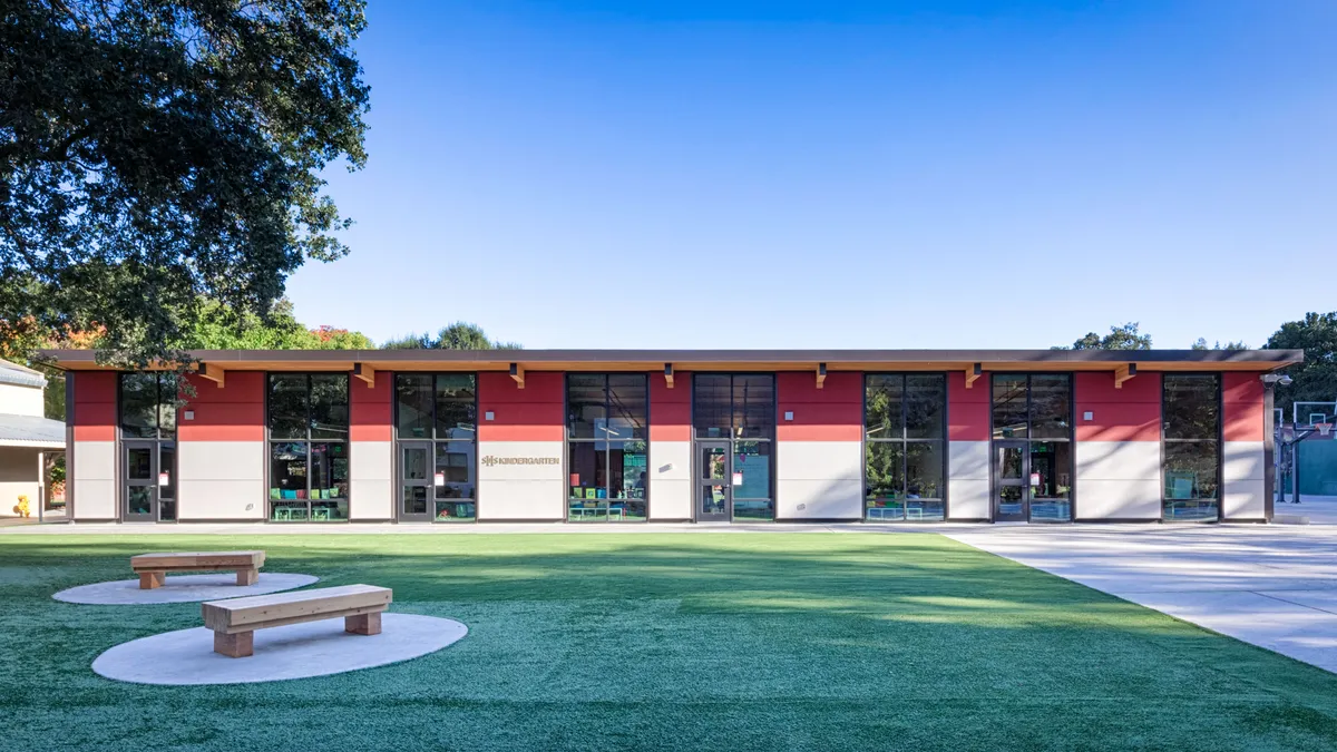 A picture shows a completed Sacred Heart Schools building in Atherton, California.