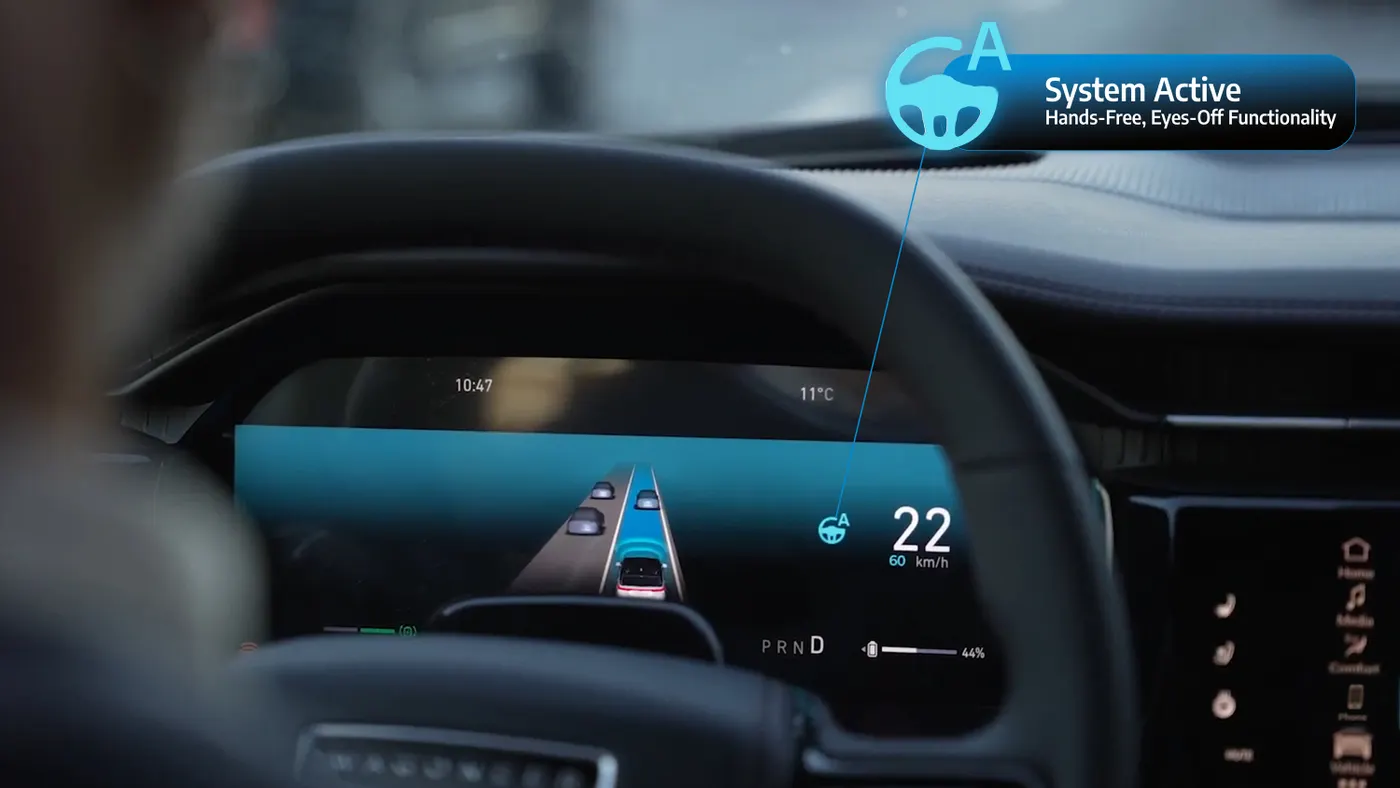 The instrument cluster of a Jeep Wagoneer showing an indicator that Stellantis' hands-free drive feature is active.