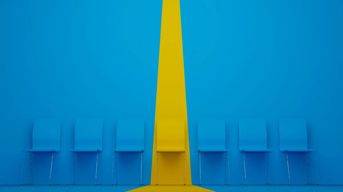 Outstanding chair in row. Yellow chair standing out from the crowd. Human resource management and recruitment business concept. 3d illustration