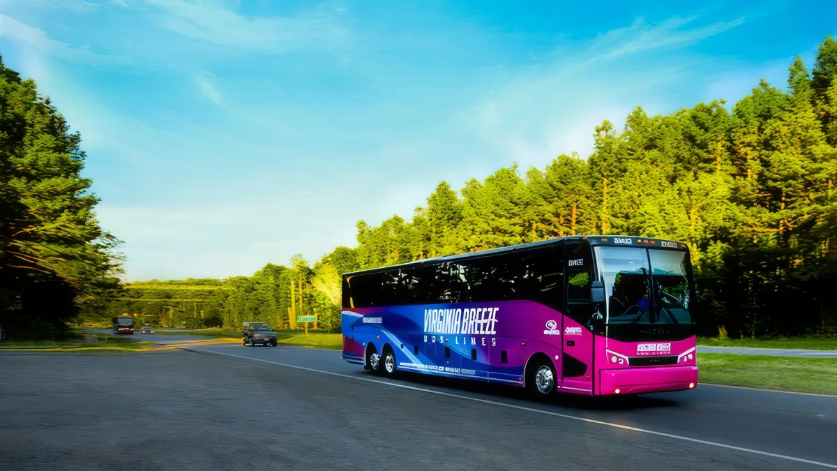 A blue and purple bus along a road in Virginia.