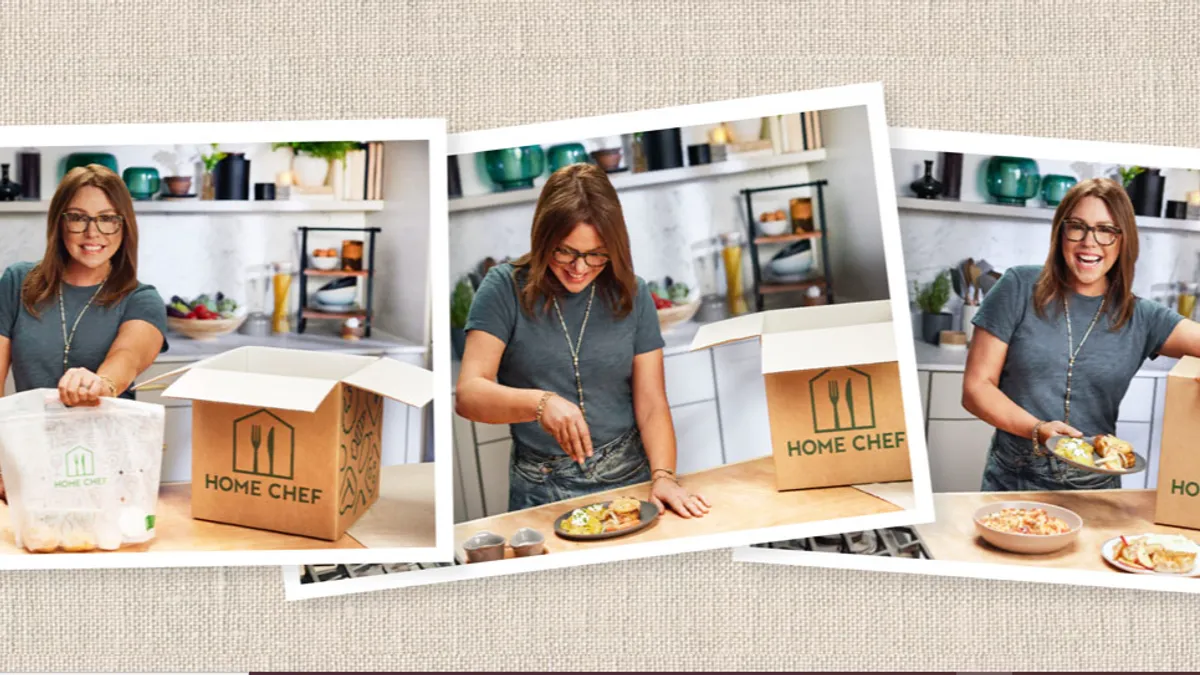 Three pictures of a person next to a Home Chef box.