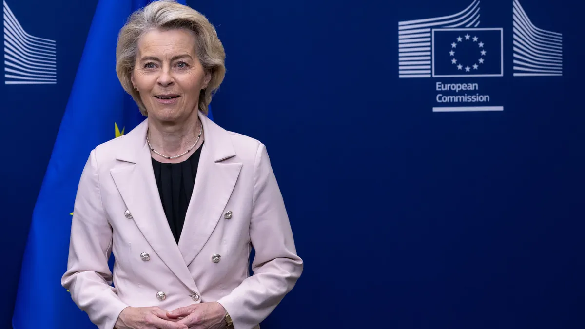 European Union President Ursula von der Leyen stands at EU headquarters on May 20, 2025, in Brussels, Belgium