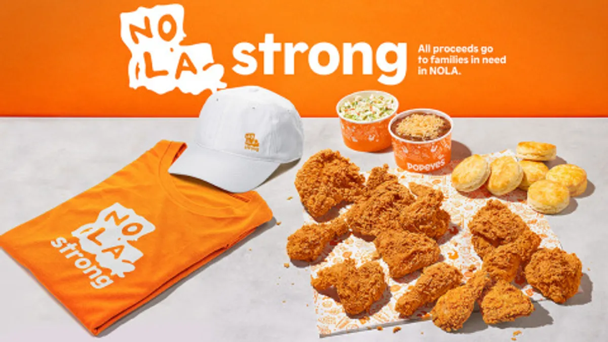 Promotional still from Popeyes 'NOLA STRONG' push to support that people of New Orleans, which launched on April 21