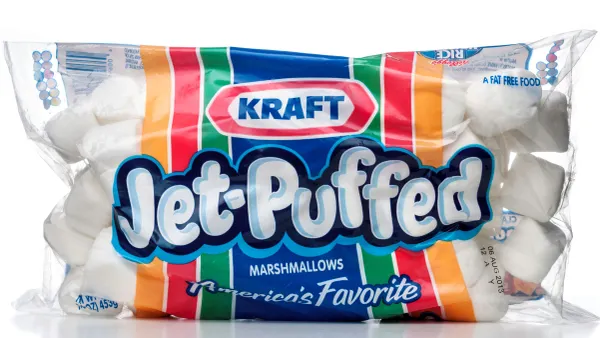 A package of Jet Puffed marshmallows against a white background.