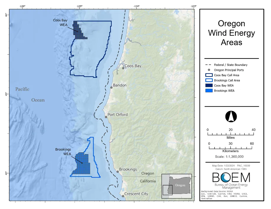 A map of two designated wind energy areas offshore Oregon.