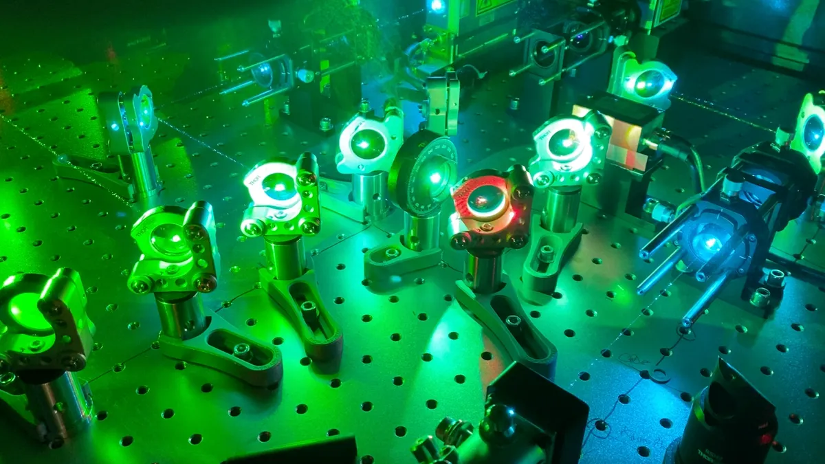 A visualization, in green lights, of Eikon's particle tracking platform.