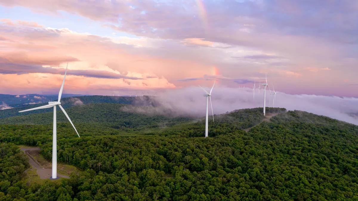 Aerial view of wind turbines taken with a drone in Vermont.