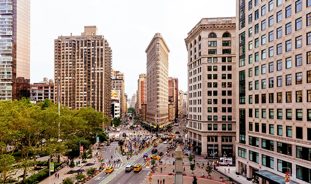 A photo of New York with the Flatiron building in view.