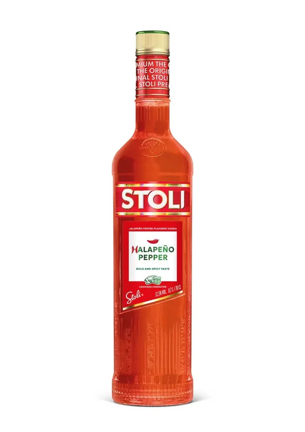 A bottle of Stoli's halapeno pepper vodka against a white background.