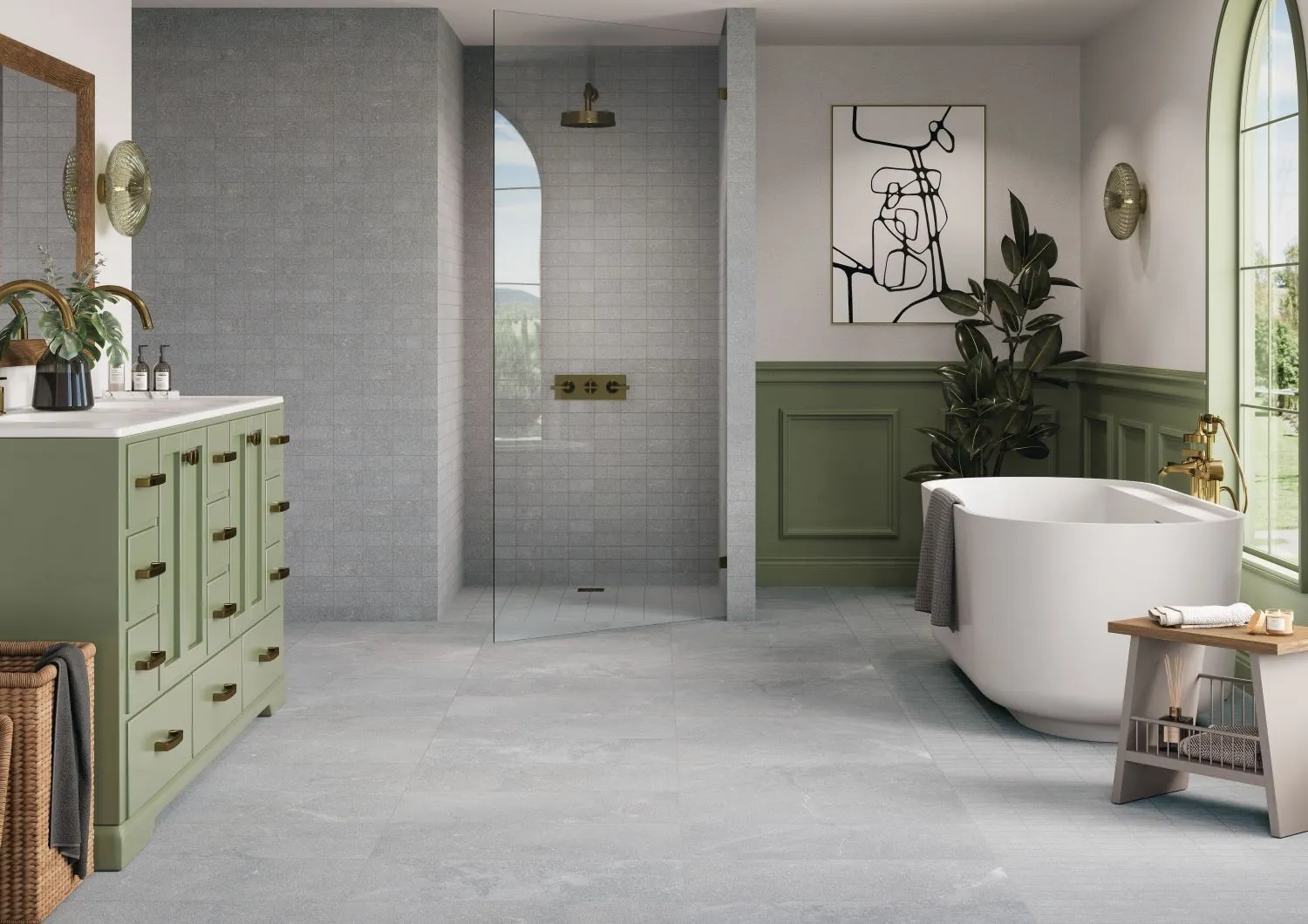 A bathroom with gray tile floors and walls.