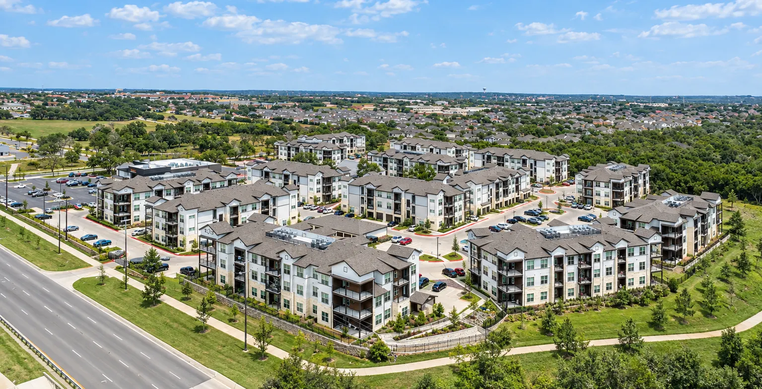 Aerial pircture of garden-style apartment property.