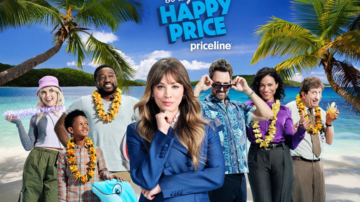 Kaley Cuoco and a cast of characters stand in front of a tropical beach background in a Priceline ad.