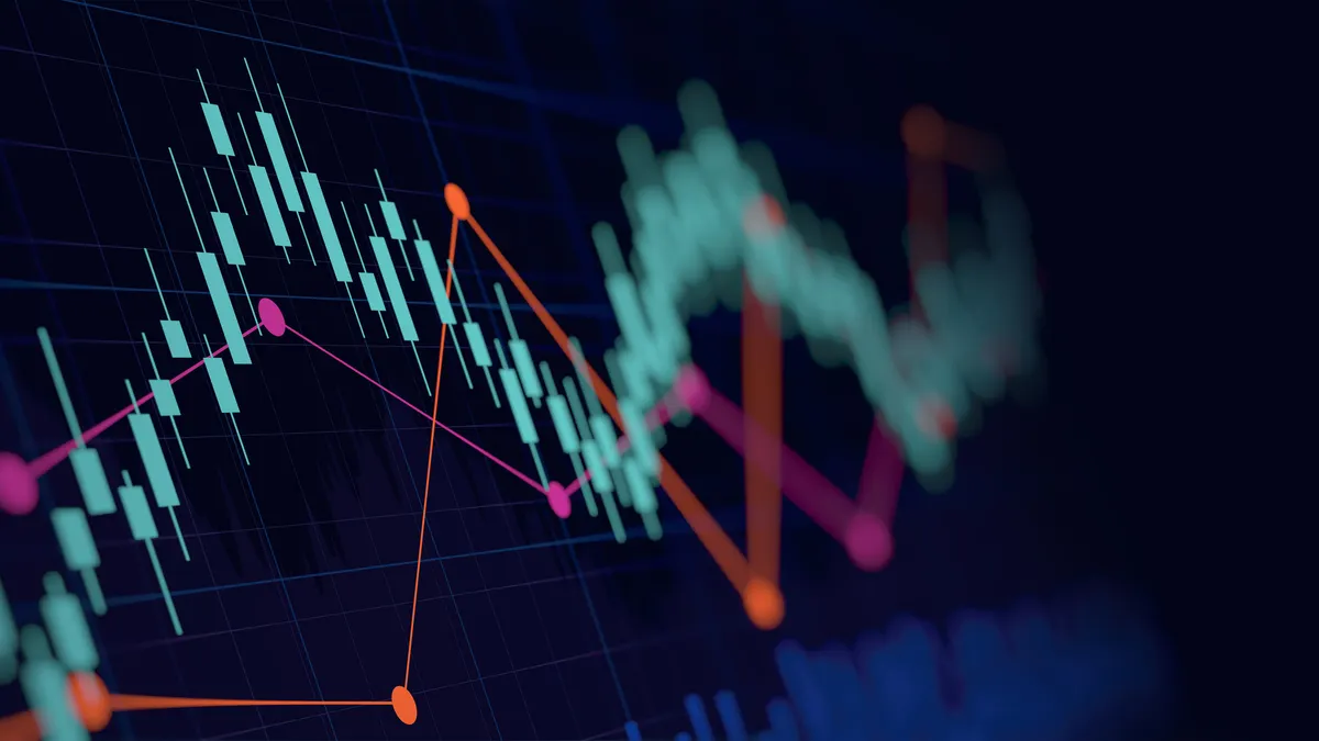 Abstract financial graph with up trend line on neon light colour background