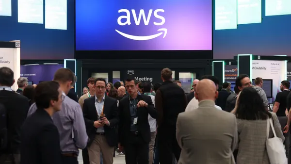 Amazon Web Services pavilion stands are seen at the 2025 Hannover Messe industrial trade fair on March 31, 2025 in Hanover, Germany